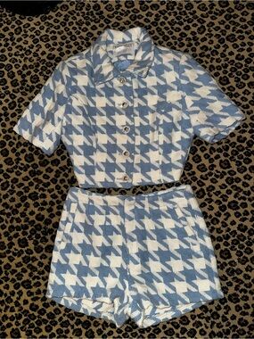 Cropped Houndstooth Short Set - Light Blue & White